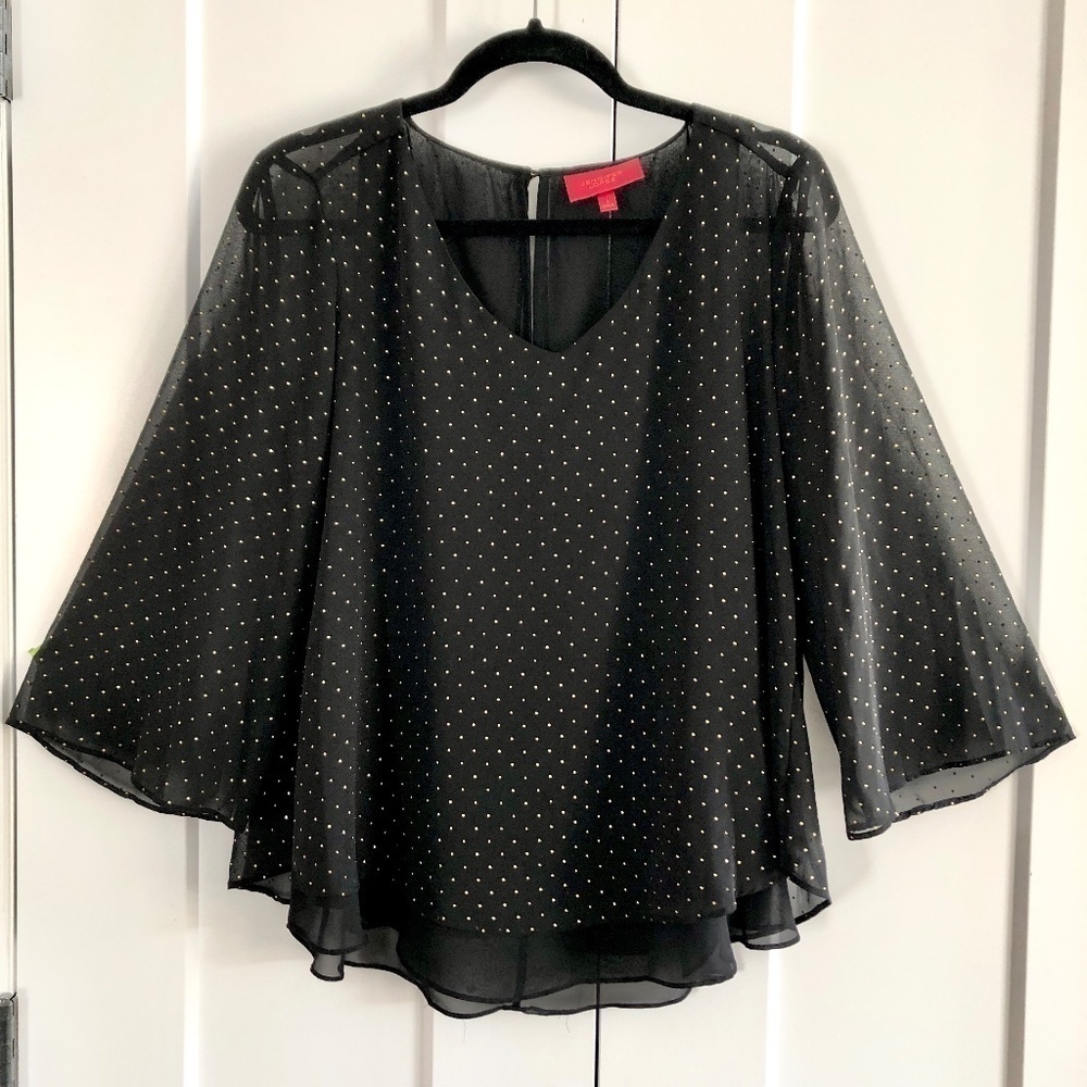 Jennifer Lopez, Layered, Chiffon, Blouse, 3/4 Sleeves, Black, Gold Dots, Size‎ S